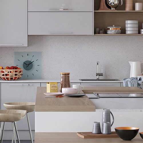 Solo Modern 22 – Contemporary Zola Gloss Light Grey Kitchen Open Shelves Island